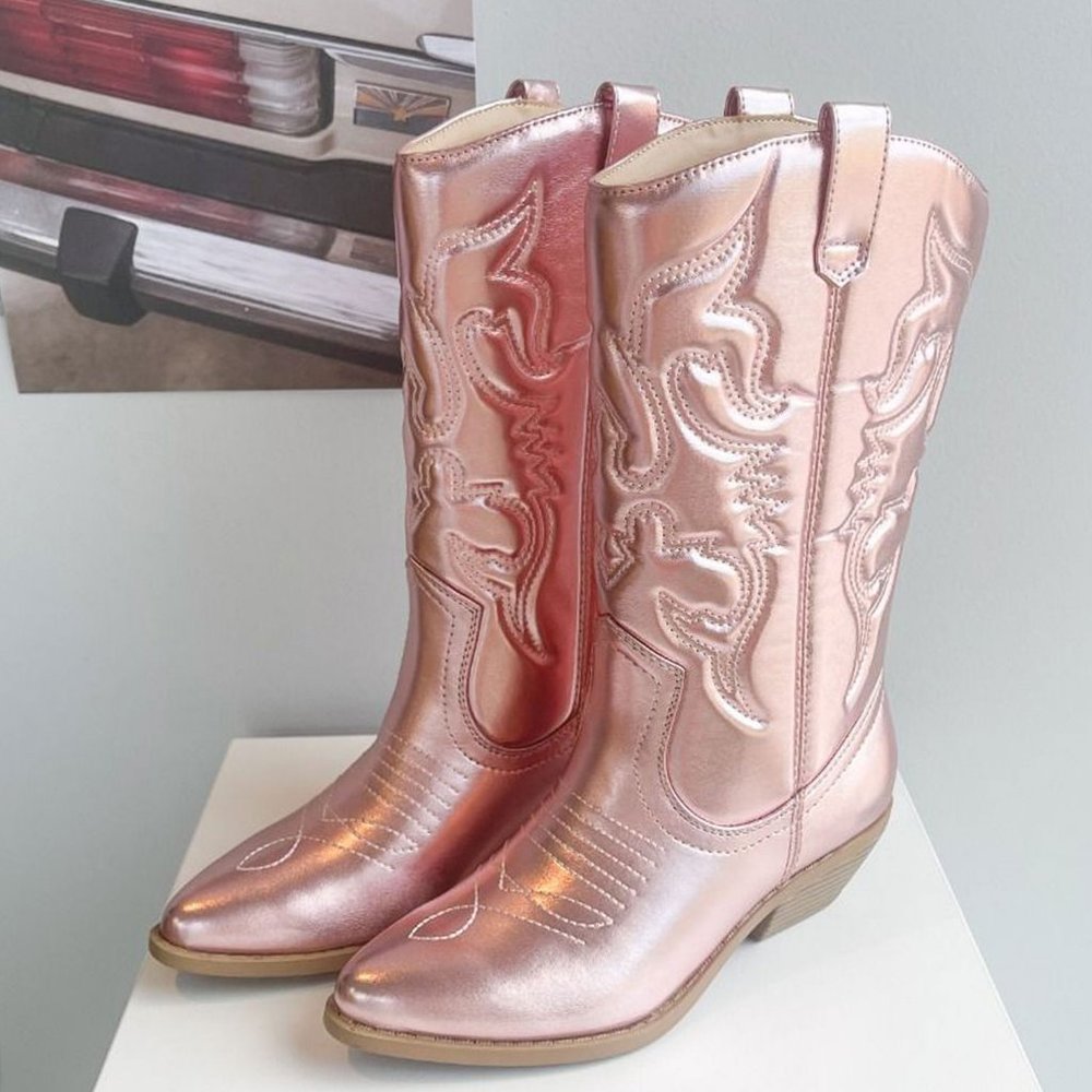 NEW๐ฅ Metallic Pink Embroidered Cowboy Cowgirl Western Mid-Calf Boots Block Heel - Picture 3 of 6